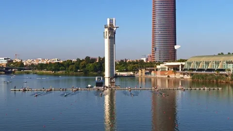 Single scull heat underway at World Rowing Cup I 2026 in Seville Stockbeeldmateriaal 336098944