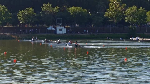 Single scull heats underway at World Rowing Cup Stockbeeldmateriaal 336098950
