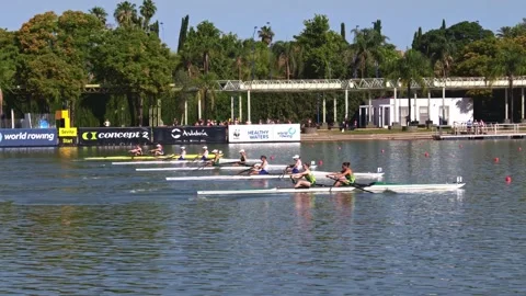 Single scull race gets underway in Seville Stock Footage 336099029