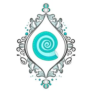 Single shell in a frame. Spiral. Victorian era, beautiful frame. Blue color o Illustrazione stock