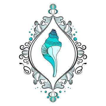 Single shell in a frame. Victorian era, beautiful frame. Blue color of the co Stock Illustration