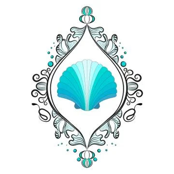 Single shell scallop in a frame. Victorian era, beautiful frame. Composition  Stock Illustration