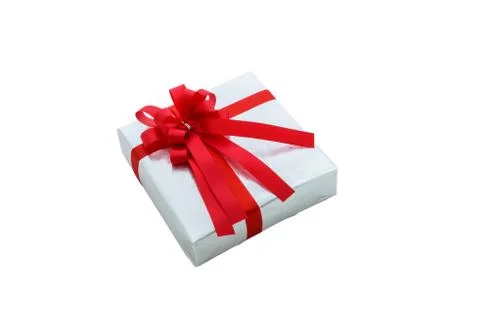 Single silver gift box with red ribbon isolated on white background Stock Photos