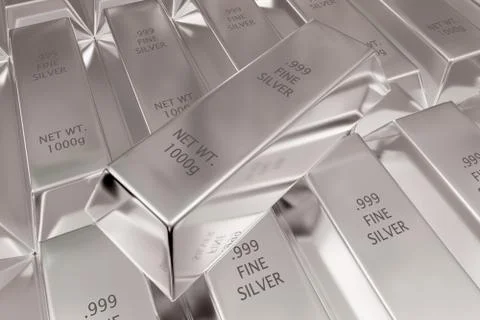 Single silver ingot on rows of shiny silver ingots or bars background - essen Stock Illustration