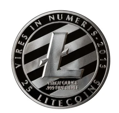 Single silver Litecoin which is a form of cyber currency Stock Photos