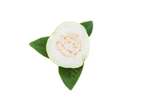 A single slice guava with leaf isolated on white Stock Photos