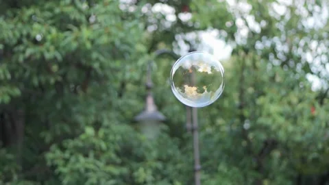 Single soap bubble floating and popping in a park Stock Footage 340280106