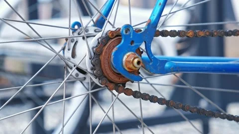 Single Speed Fixed Gear Bike Rusty Rear Wheel with Worn Out Chain Stock Footage 172080409