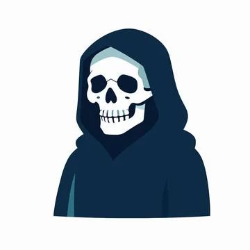 A single spooky grim reaper character wearing a dark navy hooded cloak and .. Illustrazione stock
