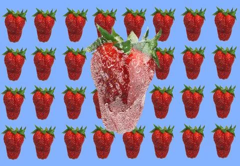 Single strawberry on a blue seamless pattern with a bunch of strawberries 스톡 사진