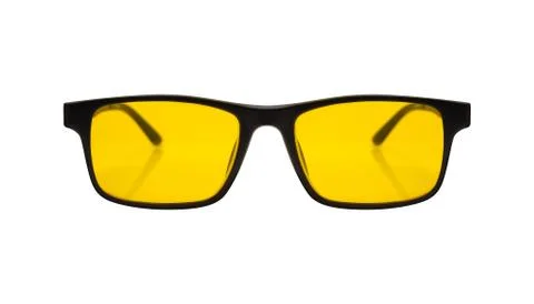 Single sunglasses with black plastic frame and yellow glass Stock Photos