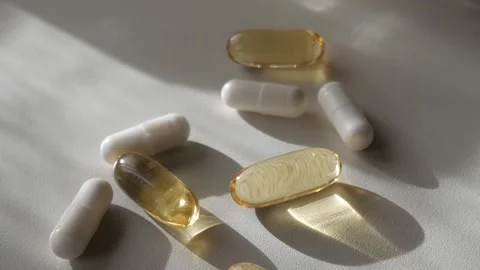 Single supplements, important for a healthy body in winter, Omega 3, Zinc Video stock 293486698