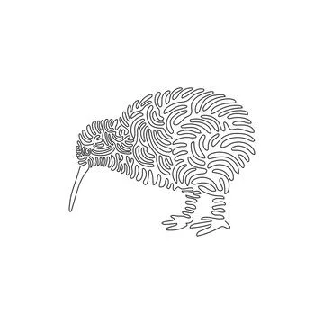 Single swirl continuous line drawing of kiwi's beak is long and flexible. Stock Illustration