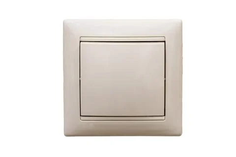 Single switch on beige wallpaper, close-up, isolated on a white background Stock Photos