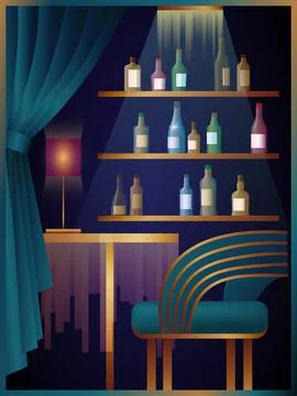 Single table in a cafe. Bar counter with drinks. Cozy place for singles Stock Illustration
