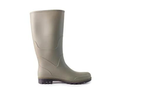 A single, tall rubber boot, commonly known as a rain boot, olive green in c.. Stock Photos