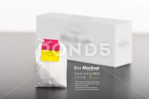 A single tea bag in front of blurred pack mock-up series PSD Template