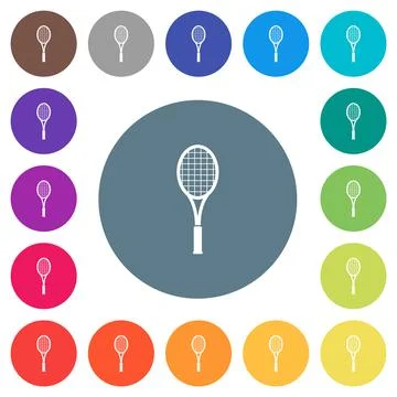 Single tennis racket flat white icons on round color backgrounds Stock Illustration