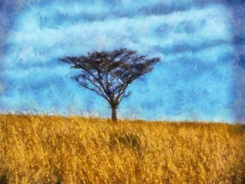 Single thorn tree in grass field painting Stock Illustration