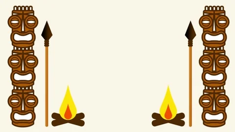 Single Tiki Statue Between Two Campfires Beside Patterned Wall Stock Footage 340305905
