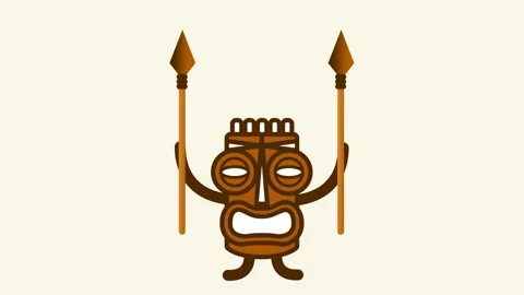 Single Tiki Warrior Holding Two Tall Spears Raised Upward Stock Footage 340305619