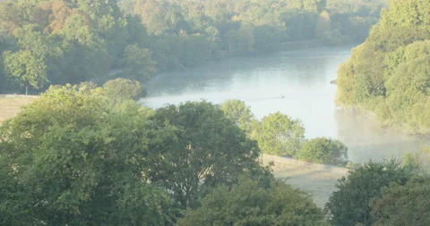Single, tiny person rowing across Thames river on a misty summer morning Stock-Footage 150374527