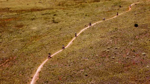 Single track of mountain bikers riding through an arid field in Colorado Stock Footage 247363667