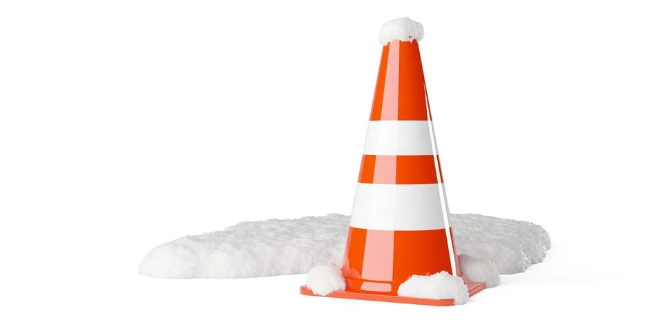 Single traffic cone standing in snow heap over white background, winter or .. Ilustração Stock