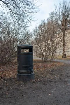 Single trash bin standing in a quiet park with bare trees in early spring. 写真素材