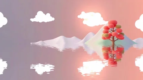 Single Tree and Lake: A Pink Cartoon Reflection Video stock 318050941