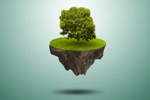Single tree on floating island - 3d rendering Illustrazione stock