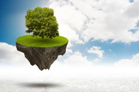 Single tree on floating island - 3d rendering Illustrazione stock