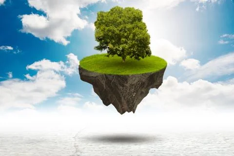 Single tree on floating island - 3d rendering Illustrazione stock