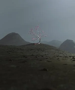 Single tree with pink leaves in the mountains. 3d render, 3d illustration. Stock Illustration