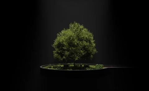 A single tree on a platform in complete darkness under a light - 3D Illustr.. 스톡 일러스트