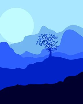Single tree stands bold against layered blue hills Stockillustratie