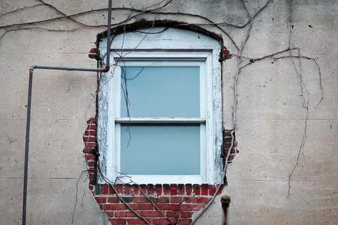 Single urban widow eith peeling paint and exposed conduit. Stock Photos
