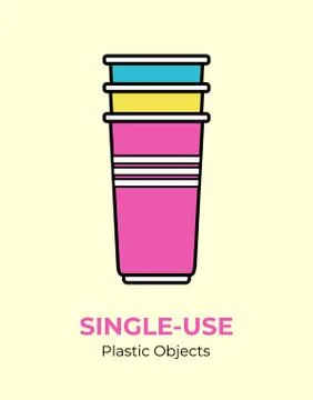 Single-use colored plastic cups. Vector illustration of recycling plastic ite Stock Illustration