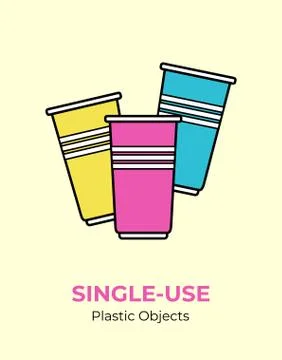 Single-use colored plastic cups. Vector illustration of recycling plastic ite Stock Illustration