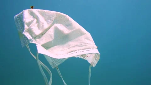 Single-Use Mask Waste is Floating Underwater Stock Footage 144811709