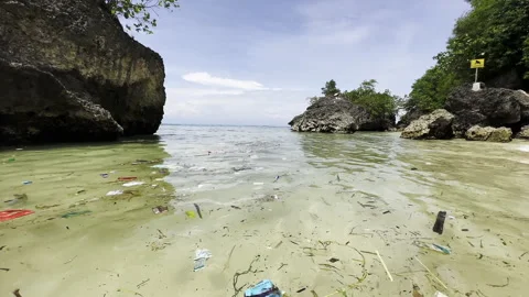Single Use Plastic Bottle Floating on Ocean Sea Water at Beach, Rubbish Garbage Video stock 242585148