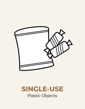 Single-use plastic crisps pouch and candy wrap. Vector illustration of recycl Illustrazione stock