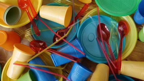 Single-use plastic systems such as plates, cutlery and polystyrene. Plastic Stock Footage 219520150
