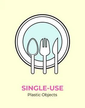 Single-use plastic utensils. Spoon, fork, knife, plate vector illustration se Stock Illustration