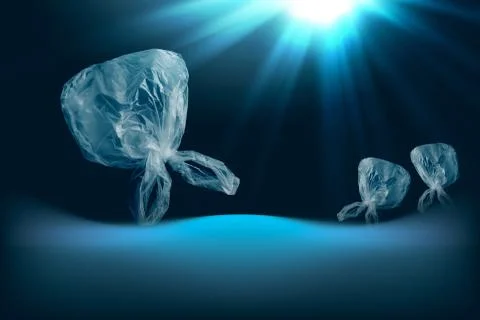 Single-use transparent plastic bag in form of jellyfish floating in sea Illustrazione stock