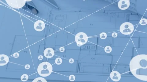 Single user icon appearing, spawning lines and nodes over blueprint, displaying Stock Footage 317369703