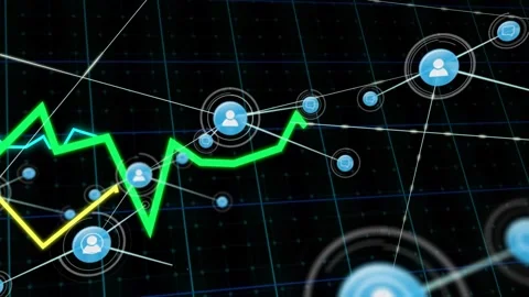 Single user icon sending link, forming blue nodes along green metric line, Stock Footage 332577634