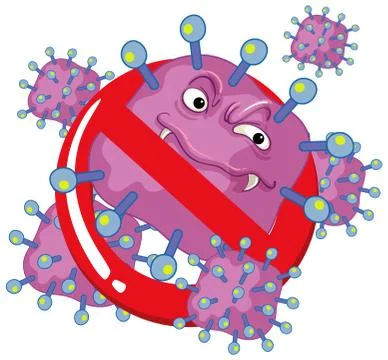 Single virus cell with scary face on white background Stock Illustration
