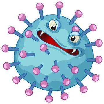 Single virus cell with scary face on white background Stock Illustration