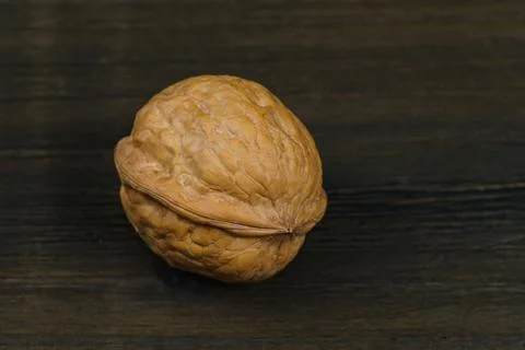 Single walnut on a dark brown table. Stock Photos